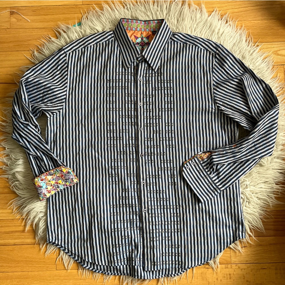 Robert Graham Mens Navy Blue White Striped Embroidered Button Down Shirt EUC 2XL